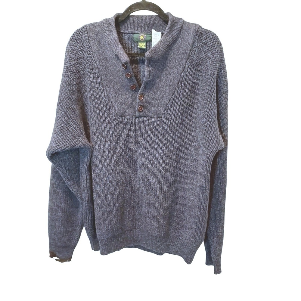 Club Room Sweater Mens Large Indigo Henley Chunky Knit Cotton Mock Neck P22